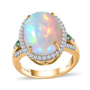 Luxoro AAA Ethiopian Welo Opal, Boyaca Colombian Emerald and G-H I2 Diamond 6.50 ctw Ring in 14K Yellow Gold (Size 7.0) 5.90 Grams