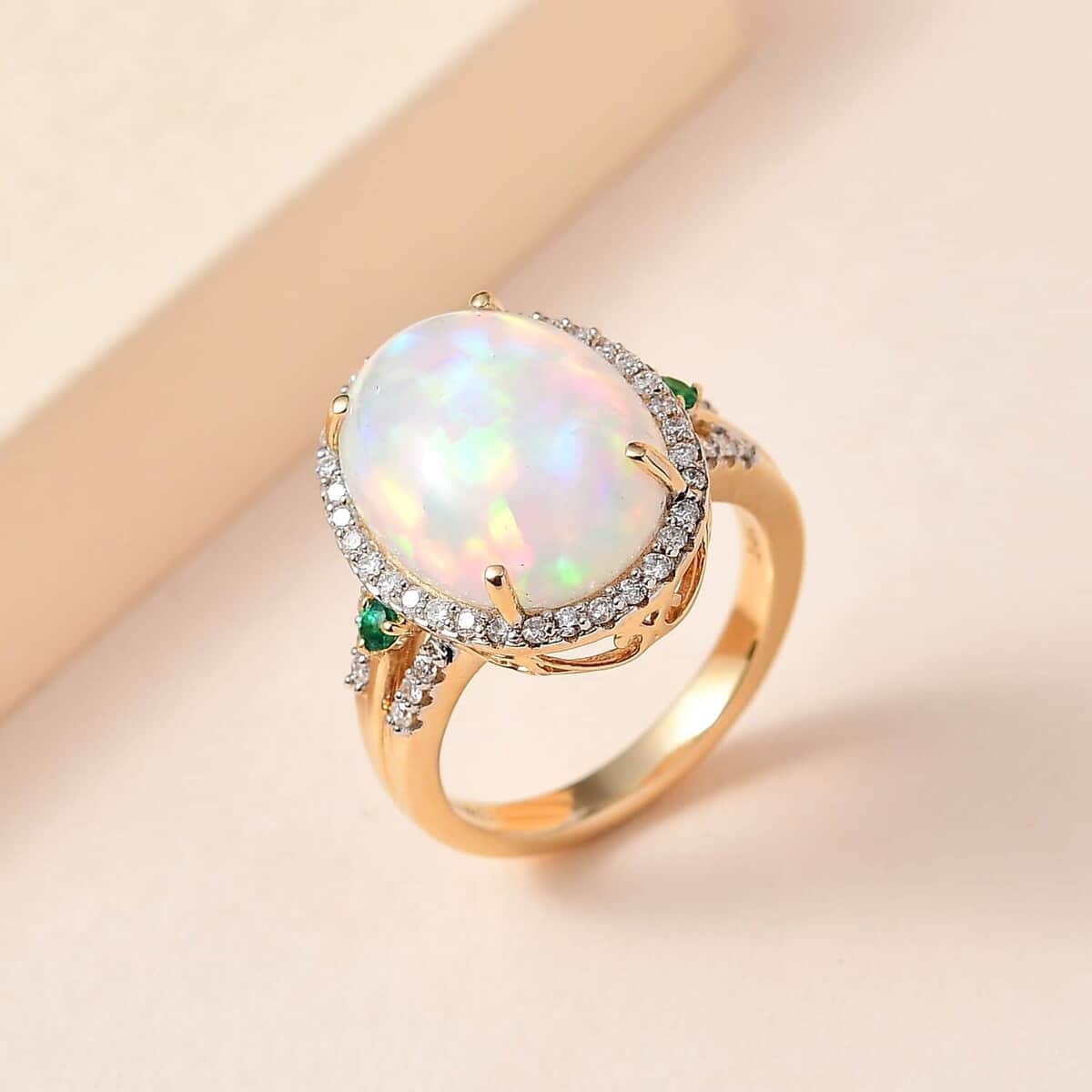 Luxoro AAA Ethiopian Welo Opal, Boyaca Colombian Emerald and G-H I2 Diamond 6.50 ctw Ring in 14K Yellow Gold (Size 7.0) 5.90 Grams image number 1