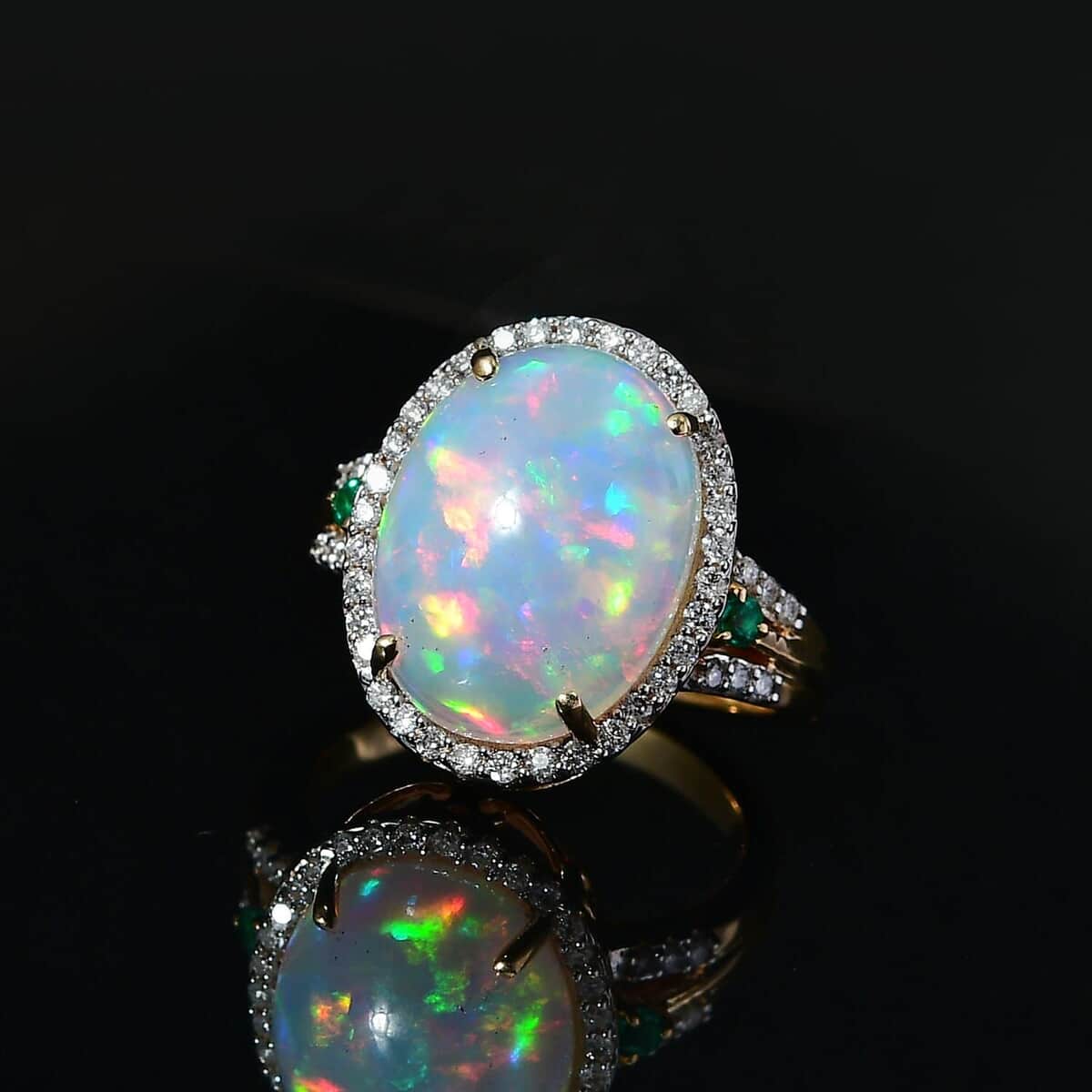 Luxoro AAA Ethiopian Welo Opal, Boyaca Colombian Emerald and G-H I2 Diamond 6.50 ctw Ring in 14K Yellow Gold (Size 7.0) 5.90 Grams image number 2