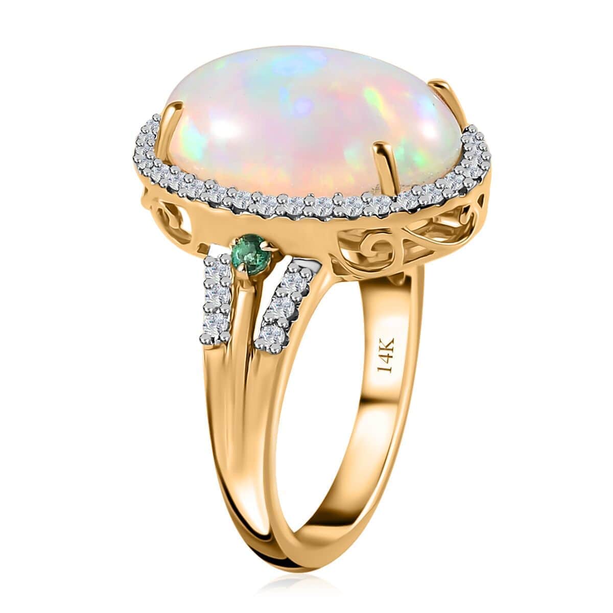 Luxoro AAA Ethiopian Welo Opal, Boyaca Colombian Emerald and G-H I2 Diamond 6.50 ctw Ring in 14K Yellow Gold (Size 7.0) 5.90 Grams image number 4