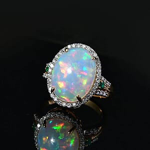 Luxoro AAA Ethiopian Welo Opal, Boyaca Colombian Emerald and G-H I2 Diamond 6.50 ctw Ring in 14K Yellow Gold (Size 7.5) 5.90 Grams