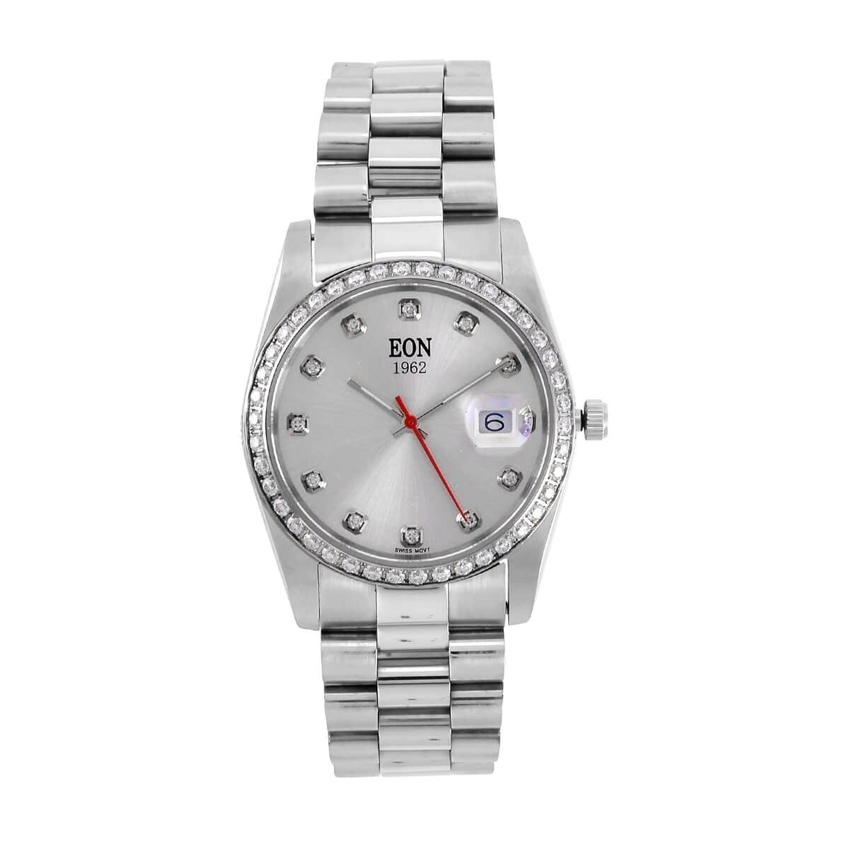 EON 1962 White Moissanite Swiss Movement Watch in Stainless Steel (36.5mm) 0.60 ctw image number 0