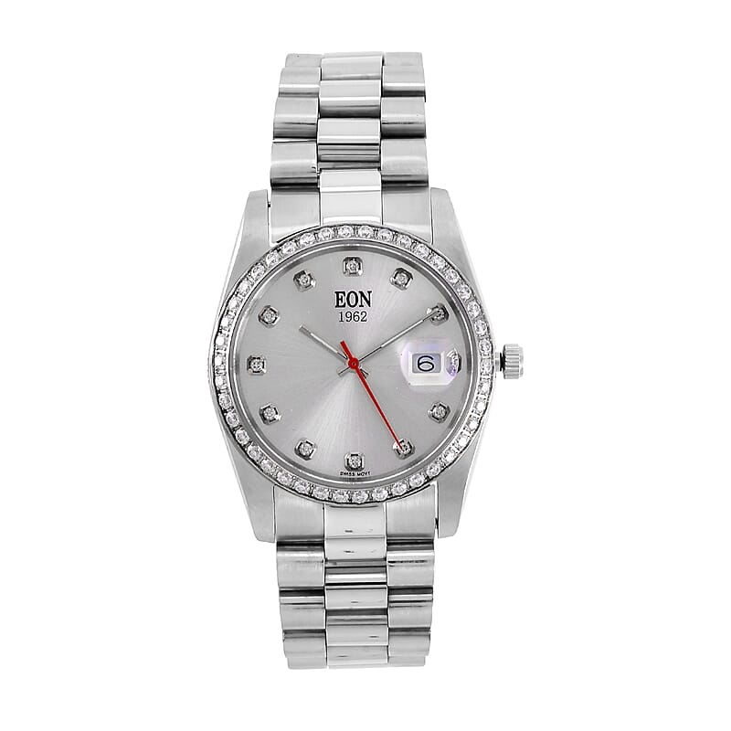 EON 1962 White Moissanite Swiss Movement Men's Watch in Stainless Steel (36.5mm) 0.60 ctw