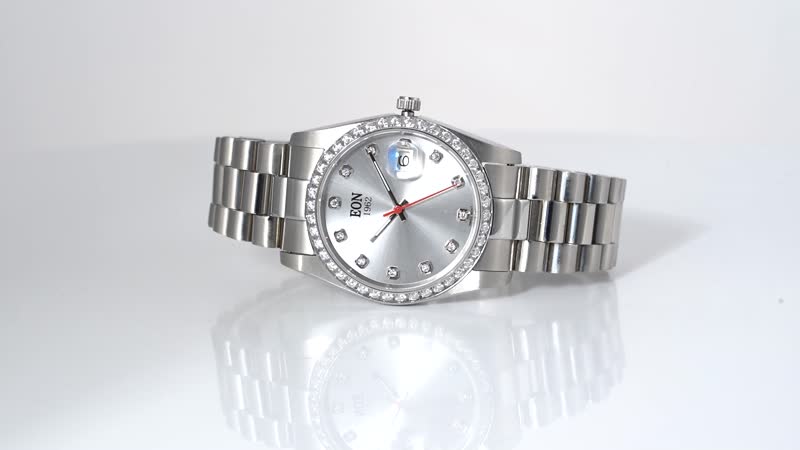 EON 1962 White Moissanite Swiss Movement Watch in Stainless Steel (36.5mm) 0.60 ctw
