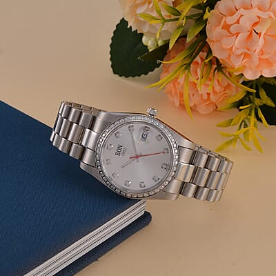 EON 1962 White Moissanite Swiss Movement Men's Watch in Stainless Steel (36.5mm) 0.60 ctw