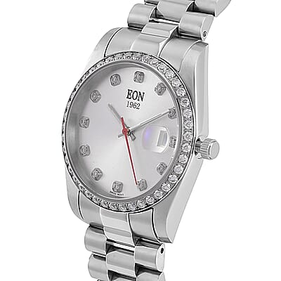 EON 1962 White Moissanite Swiss Movement Men's Watch in Stainless Steel (36.5mm) 0.60 ctw