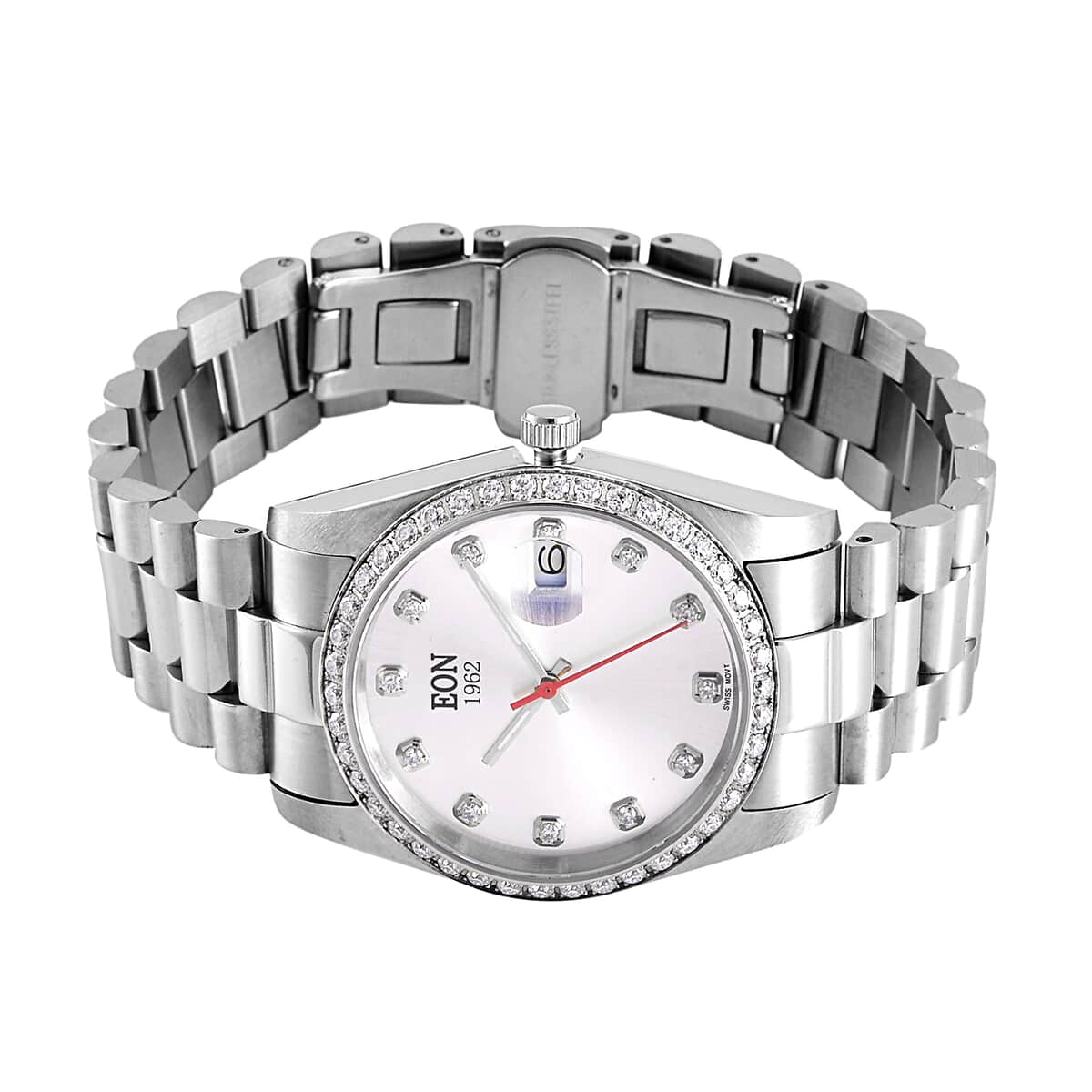 EON 1962 White Moissanite Swiss Movement Watch in Stainless Steel (36.5mm) 0.60 ctw image number 4