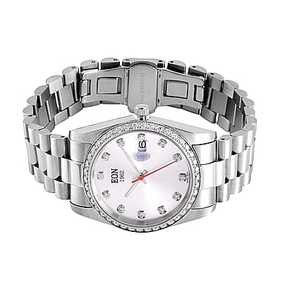 EON 1962 White Moissanite Swiss Movement Men's Watch in Stainless Steel (36.5mm) 0.60 ctw