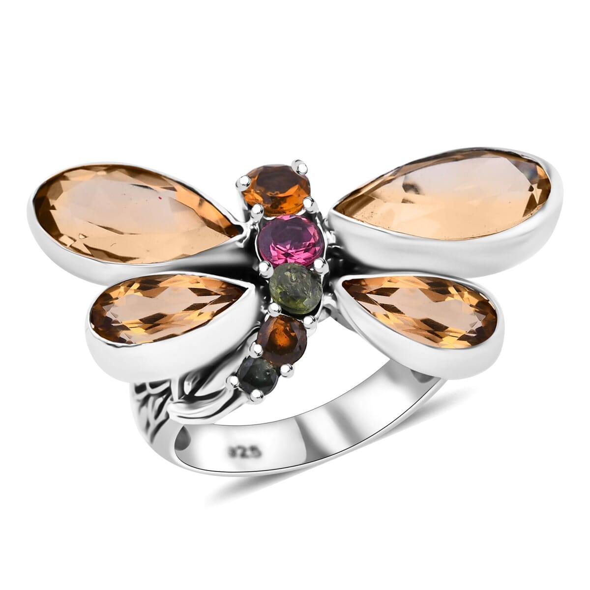 Bali Legacy Brazilian Citrine and Multi-Tourmaline 9.50 ctw Dragonfly Ring in Sterling Silver (Size 10.0) image number 0