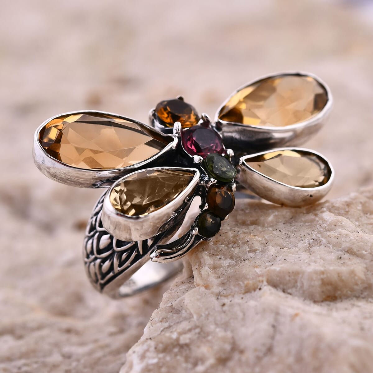 Bali Legacy Brazilian Citrine and Multi-Tourmaline 9.50 ctw Dragonfly Ring in Sterling Silver (Size 10.0) image number 1
