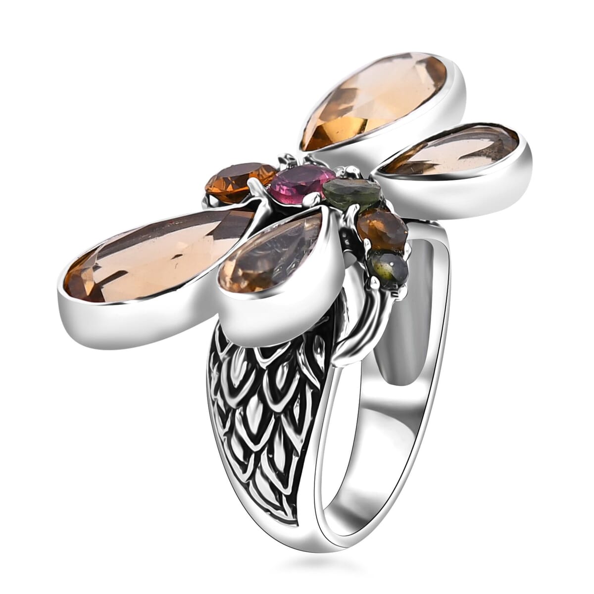 Bali Legacy Brazilian Citrine and Multi-Tourmaline 9.50 ctw Dragonfly Ring in Sterling Silver (Size 10.0) image number 3
