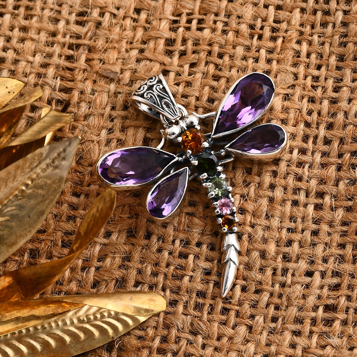 Bali Legacy African Amethyst and Multi-Tourmaline 9.00 ctw Dragonfly Pendant in Sterling Silver image number 1