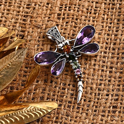 Bali Legacy African Amethyst and Multi-Tourmaline 9.00 ctw Dragonfly Pendant without Chain in Sterling Silver
