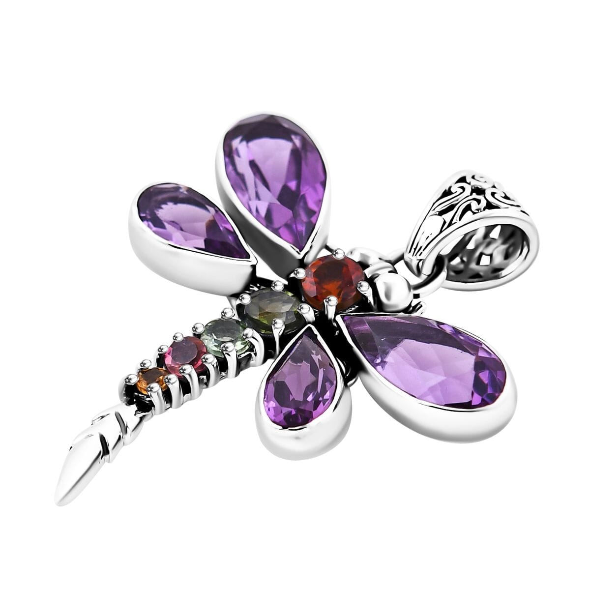 Bali Legacy African Amethyst and Multi-Tourmaline 9.00 ctw Dragonfly Pendant in Sterling Silver image number 3