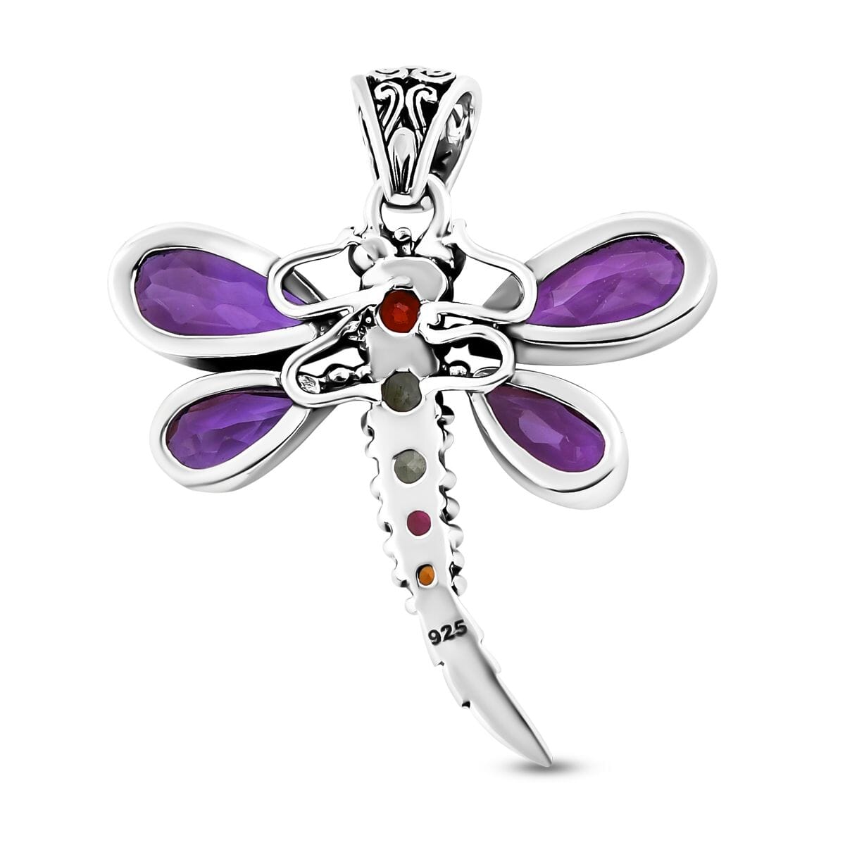 Bali Legacy African Amethyst and Multi-Tourmaline 9.00 ctw Dragonfly Pendant in Sterling Silver image number 4