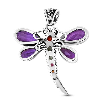 Bali Legacy African Amethyst and Multi-Tourmaline 9.00 ctw Dragonfly Pendant without Chain in Sterling Silver