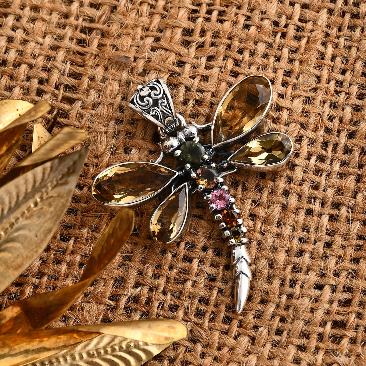 Bali Legacy Brazilian Citrine and Multi-Tourmaline 9.35 ctw Dragonfly Pendant without Chain in Sterling Silver image number 1