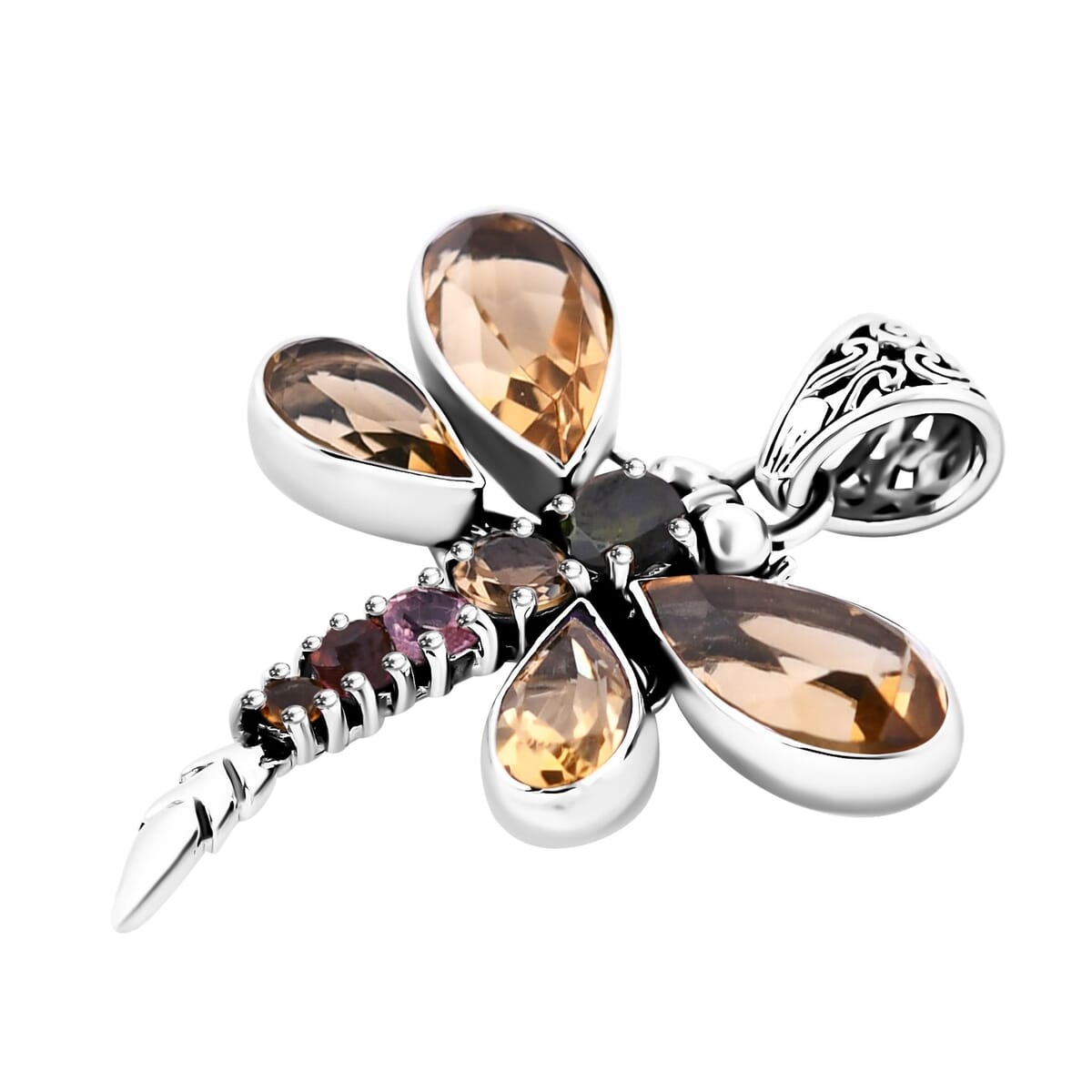 Bali Legacy Brazilian Citrine and Multi-Tourmaline 9.35 ctw Dragonfly Pendant without Chain in Sterling Silver image number 3