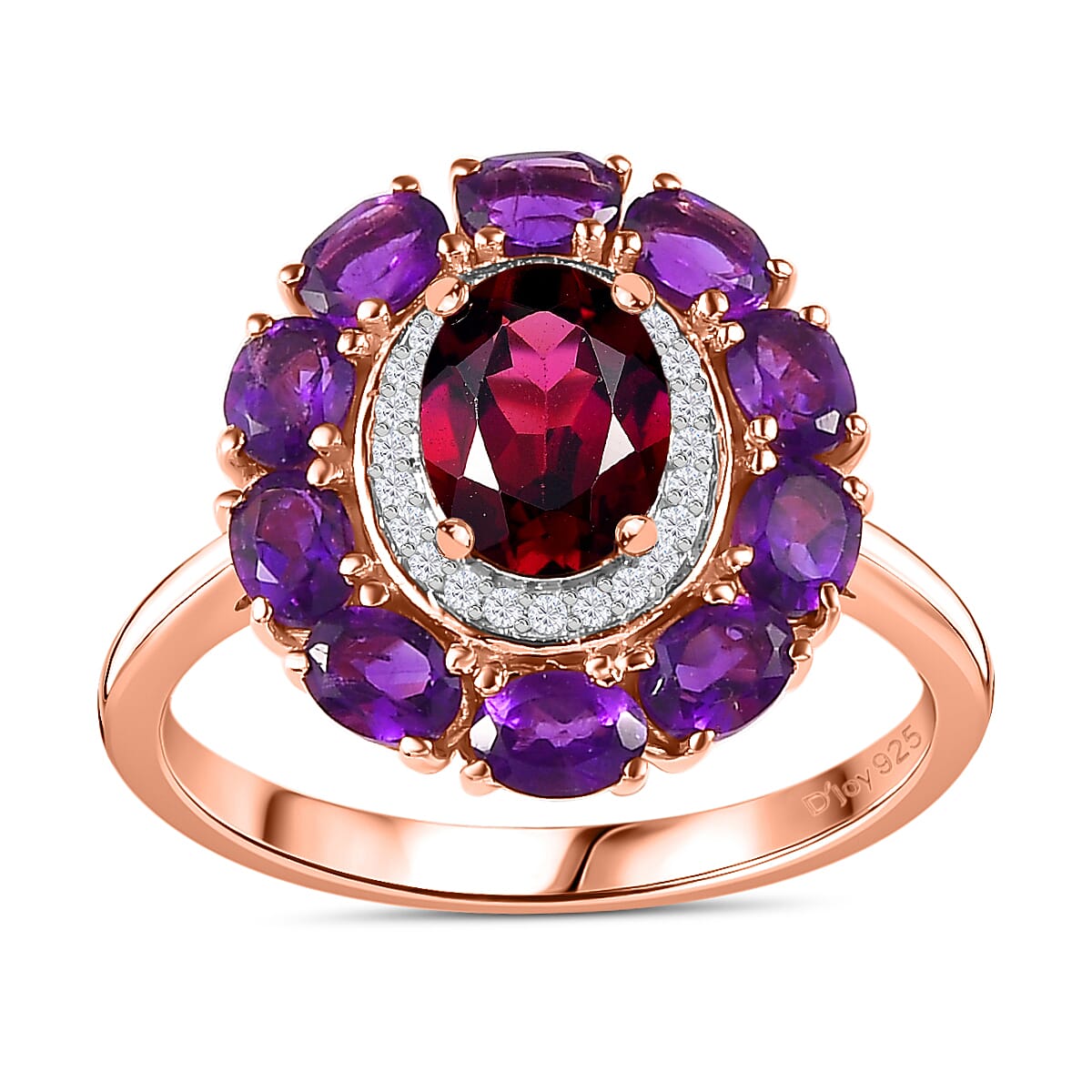 Orissa Rhodolite Garnet and Multi Gemstone Double Halo Ring in Vermeil Rose Gold Over Sterling Silver (Size 10.0) 3.50 ctw