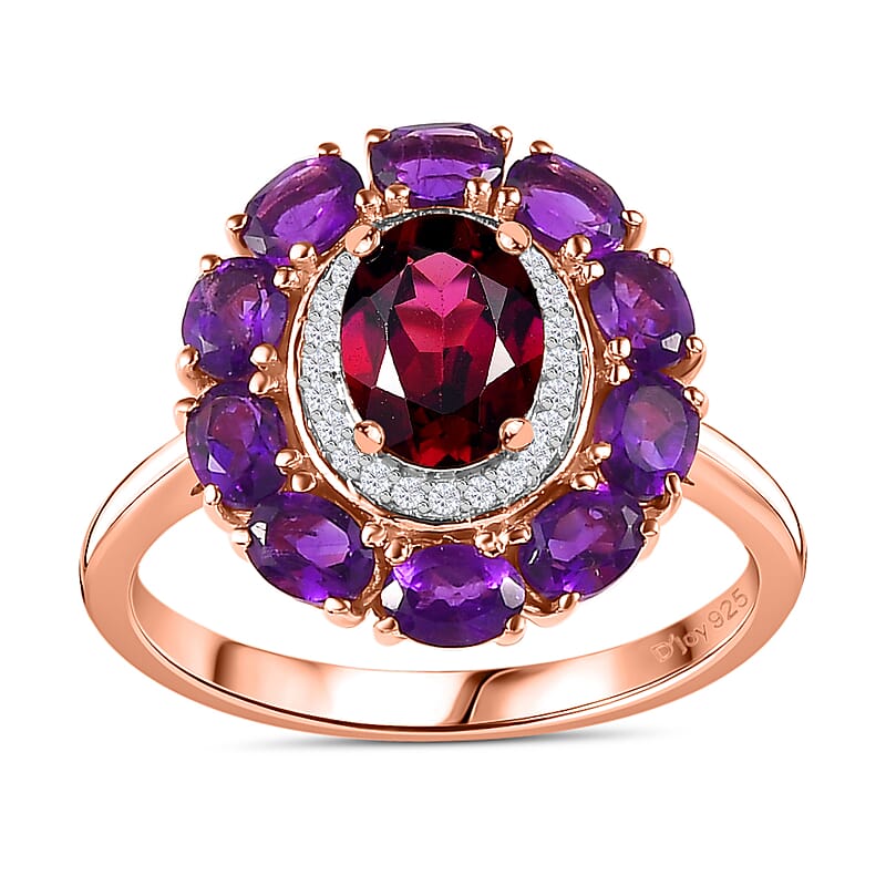 Orissa Rhodolite Garnet and Multi Gemstone Double Halo Ring in Vermeil Rose Gold Over Sterling Silver (Size 10.0) 3.50 ctw