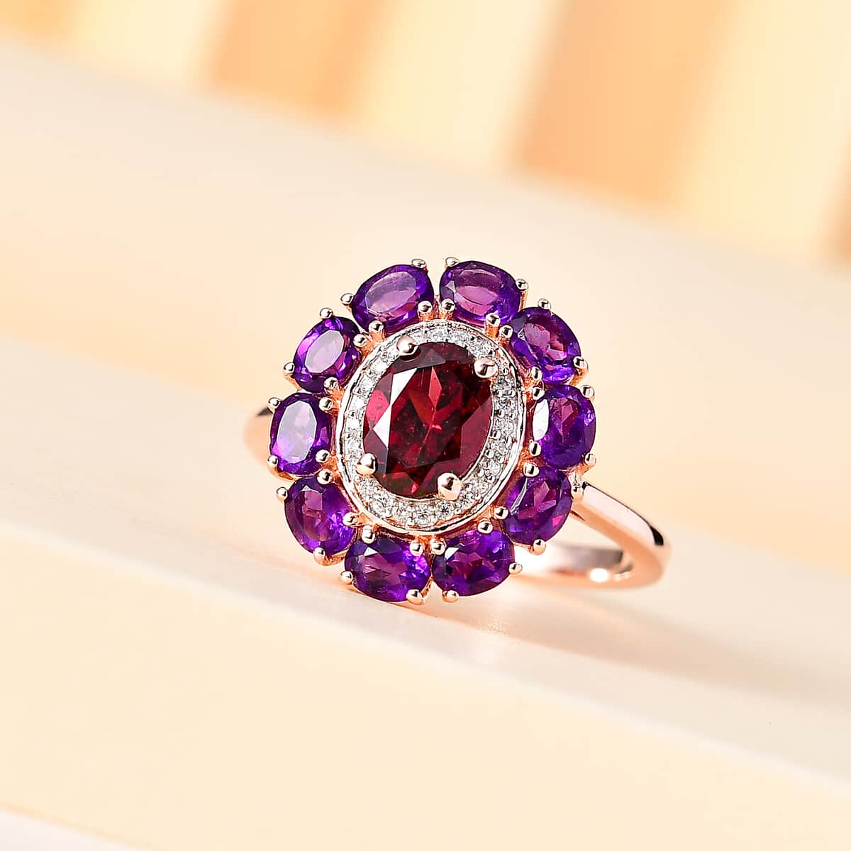 Orissa Rhodolite Garnet and Multi Gemstone Double Halo Ring in Vermeil Rose Gold Over Sterling Silver (Size 10.0) 3.50 ctw (Del. in 10-12 Days) image number 1