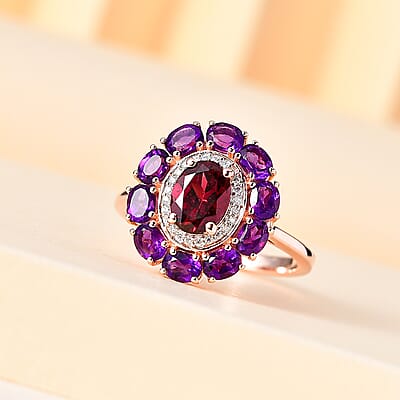 Orissa Rhodolite Garnet and Multi Gemstone Double Halo Ring in Vermeil Rose Gold Over Sterling Silver (Size 10.0) 3.50 ctw