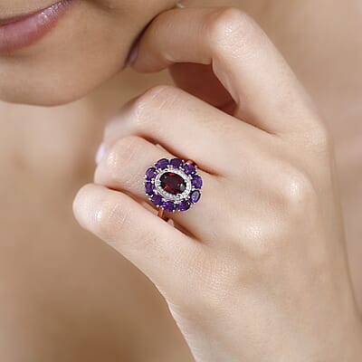 Orissa Rhodolite Garnet and Multi Gemstone Double Halo Ring in Vermeil Rose Gold Over Sterling Silver (Size 10.0) 3.50 ctw