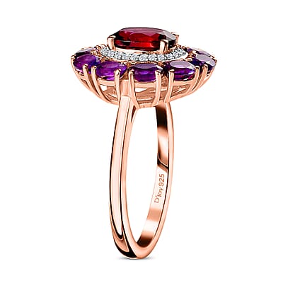 Orissa Rhodolite Garnet and Multi Gemstone Double Halo Ring in Vermeil Rose Gold Over Sterling Silver (Size 10.0) 3.50 ctw