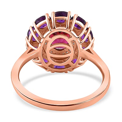 Orissa Rhodolite Garnet and Multi Gemstone Double Halo Ring in Vermeil Rose Gold Over Sterling Silver (Size 10.0) 3.50 ctw