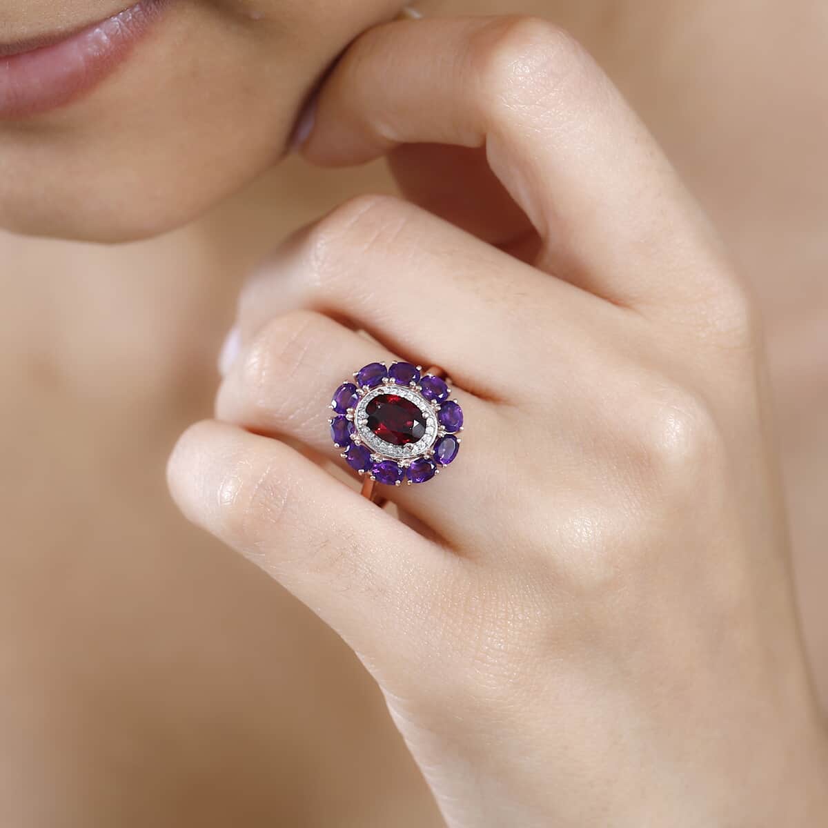 Orissa Rhodolite Garnet and Multi Gemstone Double Halo Ring in Vermeil Rose Gold Over Sterling Silver (Size 5.0) 3.50 ctw image number 2