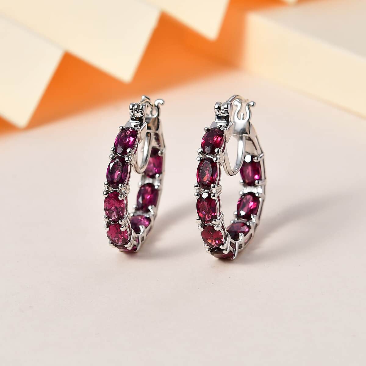 Orissa Rhodolite Garnet Inside Out Hoop Earrings in Platinum Over Sterling Silver 9.00 ctw image number 1