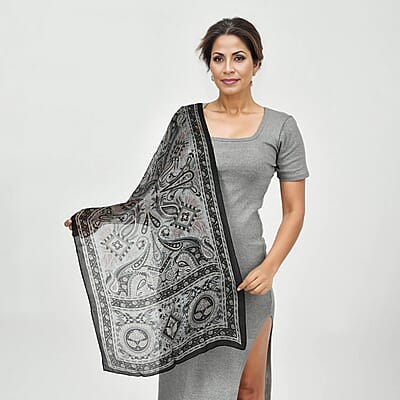 Black Printed 100% Silk Oblong Scarf