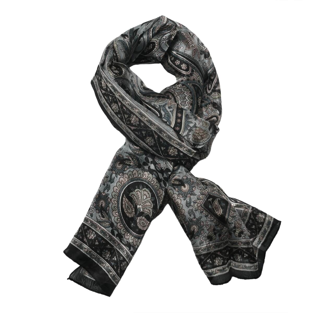 Printed 100% Silk oblong Scarf Color : Black Size :   20 x 65  Inch image number 3