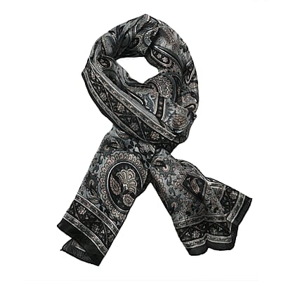 Black Printed 100% Silk Oblong Scarf
