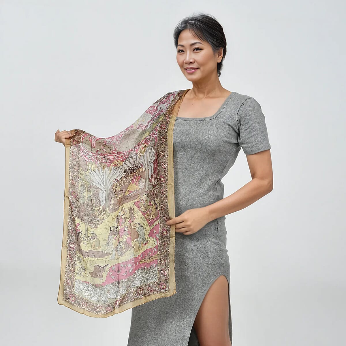 Beige Printed 100% Silk Oblong Scarf image number 1