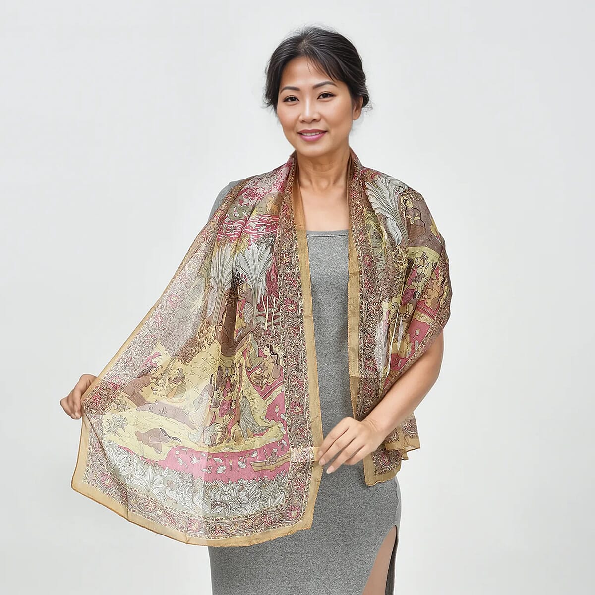 Beige Printed 100% Silk Oblong Scarf image number 2