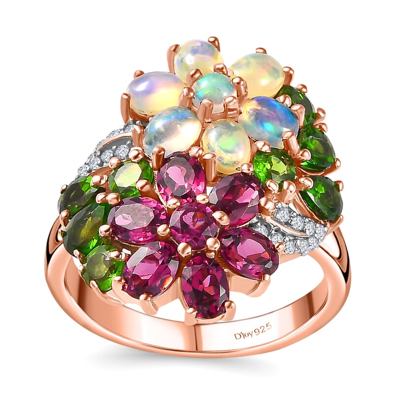 Orissa Rhodolite Garnet and Multi Gemstone Floral Bouquet Ring in Vermeil Rose Gold Over Sterling Silver (Size 10.0) 3.40 ctw