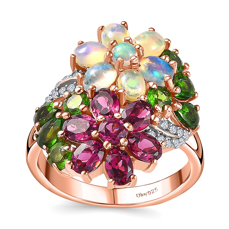 Orissa Rhodolite Garnet and Multi Gemstone Floral Bouquet Ring in Vermeil Rose Gold Over Sterling Silver (Size 10.0) 3.40 ctw