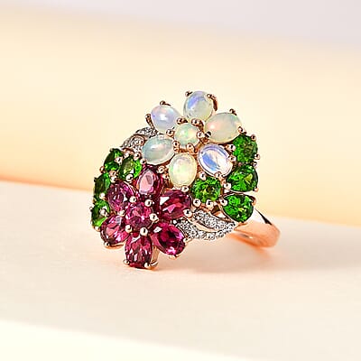 Orissa Rhodolite Garnet and Multi Gemstone Floral Bouquet Ring in Vermeil Rose Gold Over Sterling Silver (Size 10.0) 3.40 ctw