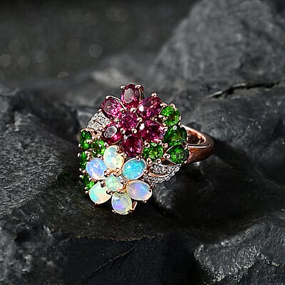 Orissa Rhodolite Garnet and Multi Gemstone Floral Bouquet Ring in Vermeil Rose Gold Over Sterling Silver (Size 10.0) 3.40 ctw