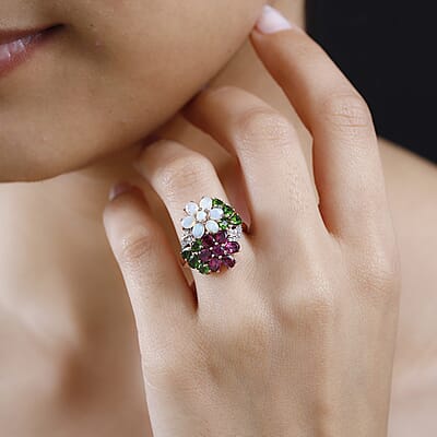 Orissa Rhodolite Garnet and Multi Gemstone Floral Bouquet Ring in Vermeil Rose Gold Over Sterling Silver (Size 10.0) 3.40 ctw