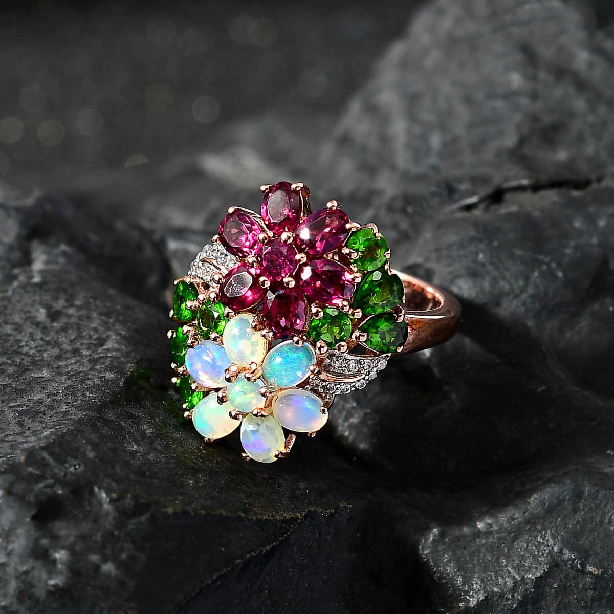 Orissa Rhodolite Garnet and Multi Gemstone Floral Bouquet Ring in Vermeil Rose Gold Over Sterling Silver (Size 6.0) 3.40 ctw image number 2