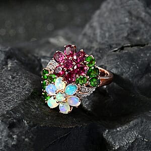 Orissa Rhodolite Garnet and Multi Gemstone Floral Bouquet Ring in Vermeil Rose Gold Over Sterling Silver (Size 7.0) 3.40 ctw
