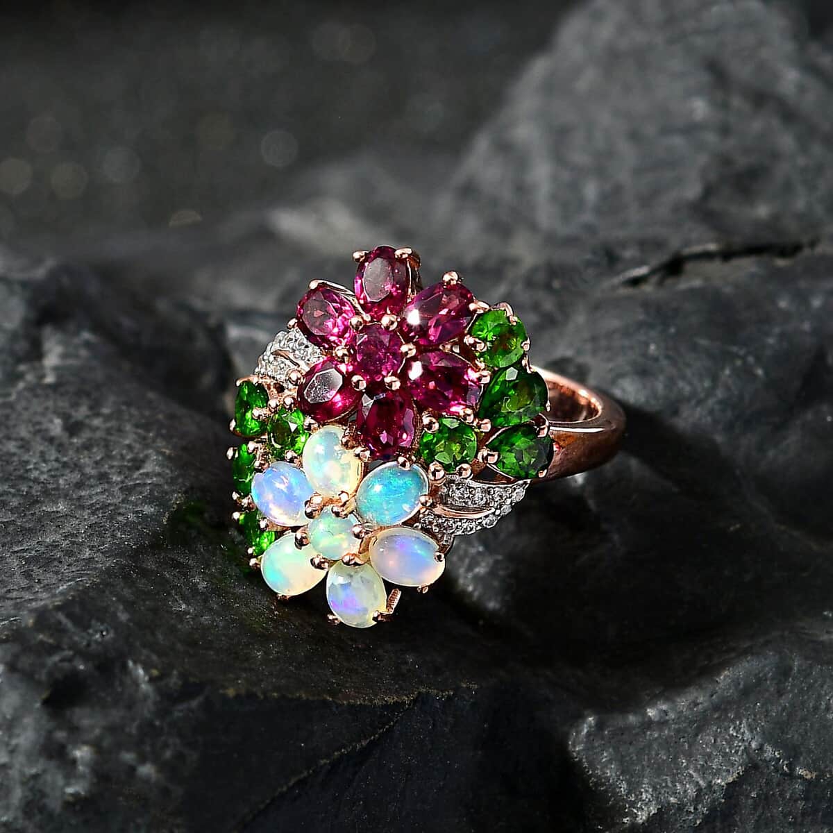 Orissa Rhodolite Garnet and Multi Gemstone Floral Ring in Vermeil Rose Gold Over Sterling Silver (Size 8.0) 3.40 ctw image number 2