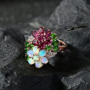 Orissa Rhodolite Garnet and Multi Gemstone Floral Bouquet Ring in Vermeil Rose Gold Over Sterling Silver (Size 8.0) 3.40 ctw