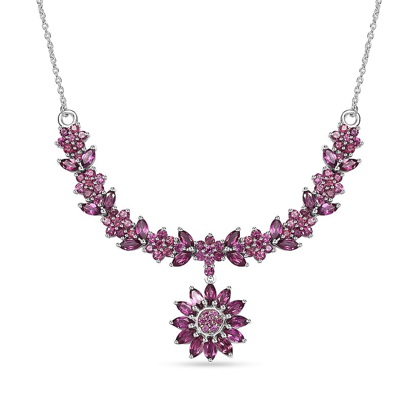 Orissa Rhodolite Garnet Floral Necklace 18-20 Inches in Platinum Over Sterling Silver 8.15 ctw