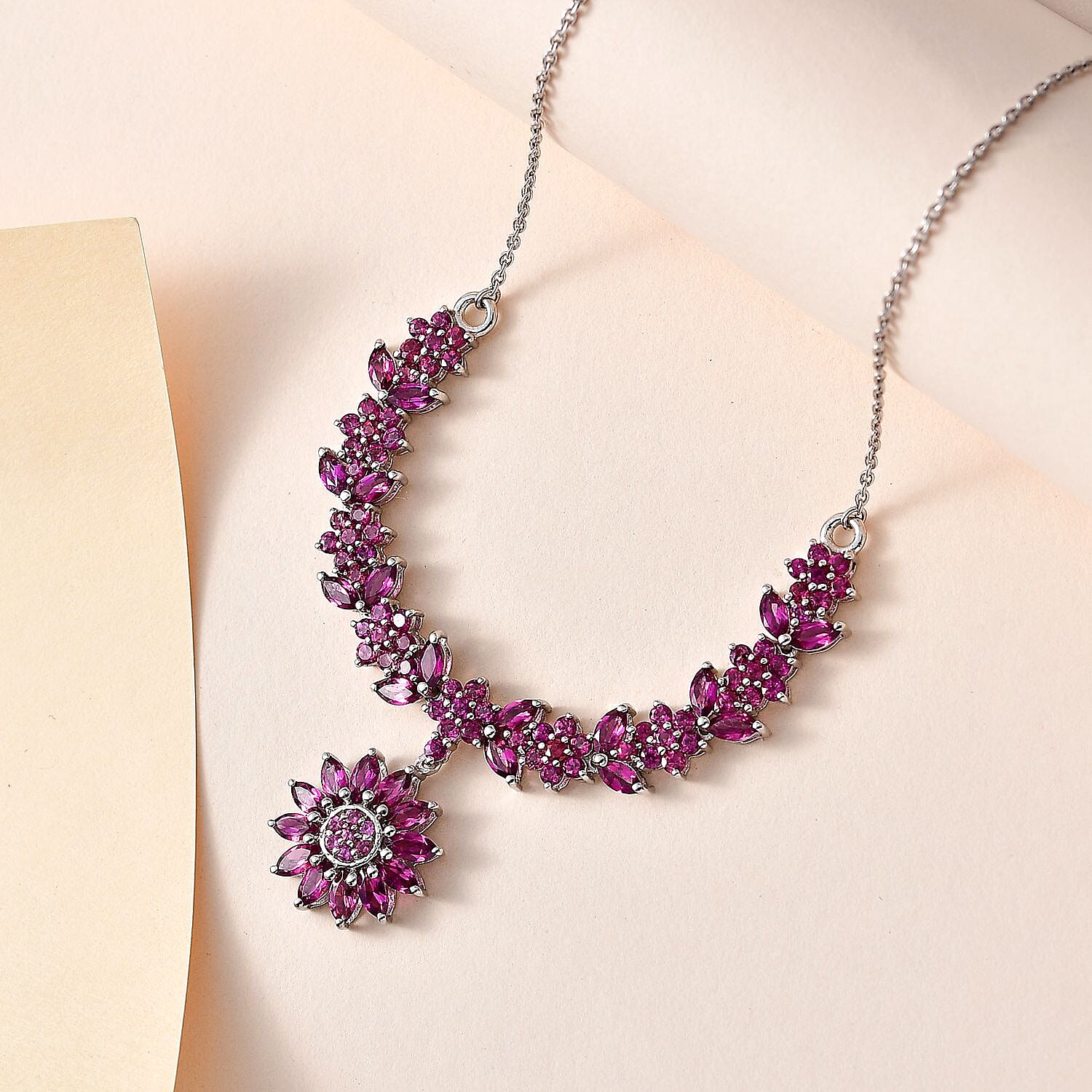 Orissa Rhodolite Garnet Floral Necklace 18-20 Inches in Platinum Over Sterling Silver 8.15 ctw