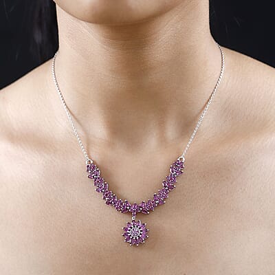 Orissa Rhodolite Garnet Floral Necklace 18-20 Inches in Platinum Over Sterling Silver 8.15 ctw