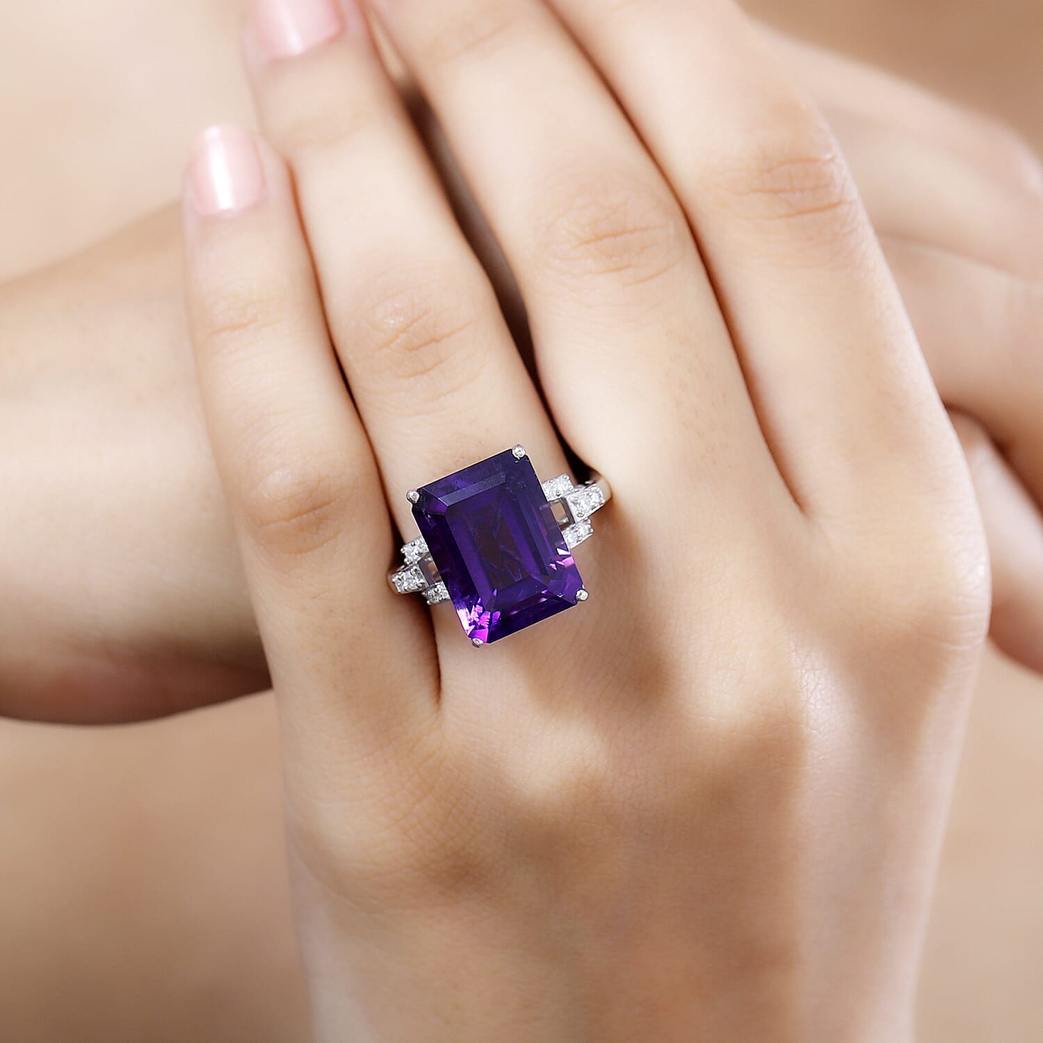 African Amethyst and Moissanite Ring in Platinum Over Sterling Silver (Size 10.0) 11.90 ctw