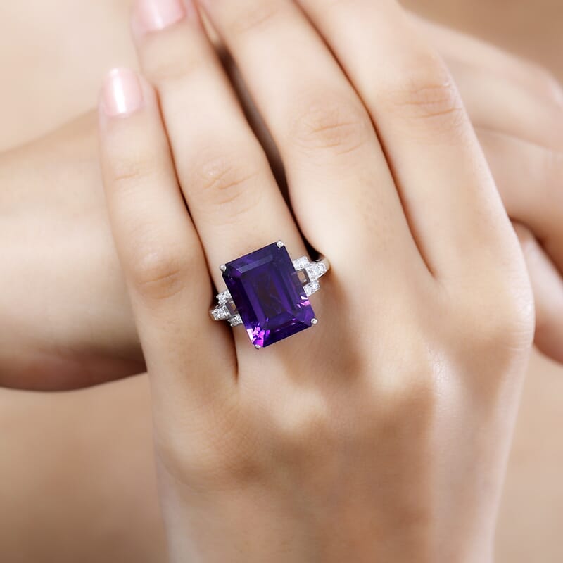 African Amethyst and Moissanite Ring in Platinum Over Sterling Silver (Size 10.0) 11.90 ctw